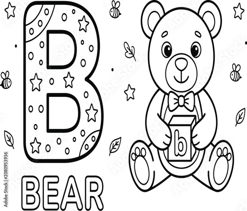 Letter B for Bear Coloring Page for Kids Alphabet Learning Worksheet, Alphabet Letter B Bear Coloring Sheet for Preschool and Kindergarten, Printable Letter B Coloring Page Black and White Line