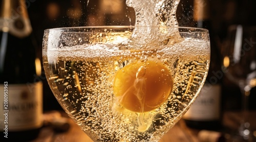 Raw egg yolk dropping into a crystal glass filled with sparkling champagne creating dynamic splashes and bubbles in a luxurious bar setting at night