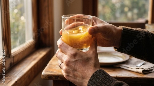 Person holding a glass of fresh orange juice while sitting at a rustic wooden table by a window in a cozy morning atmosphere with soft natural light