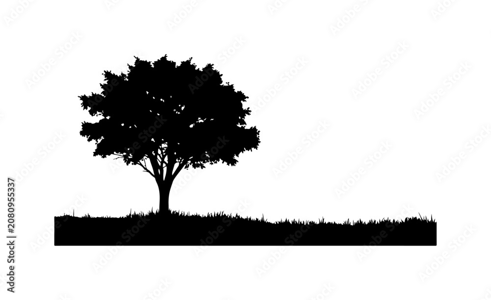Fototapeta premium Tree silhouette, black tree icon, grass landscape, simple nature symbol