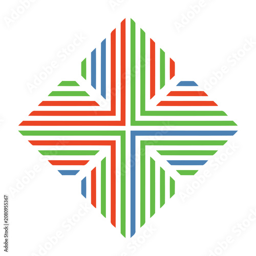 Symmetrical diamond shape formed by parallel linear stripes in red, green, and blue on white