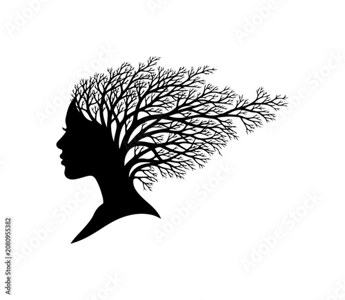 Black silhouette of woman's head with tree branches, minimalist illustration, nature-inspired design, vector icon