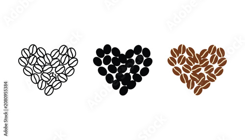 Fotografie Collection of heart shaped coffee bean arrangements presented in outline black s