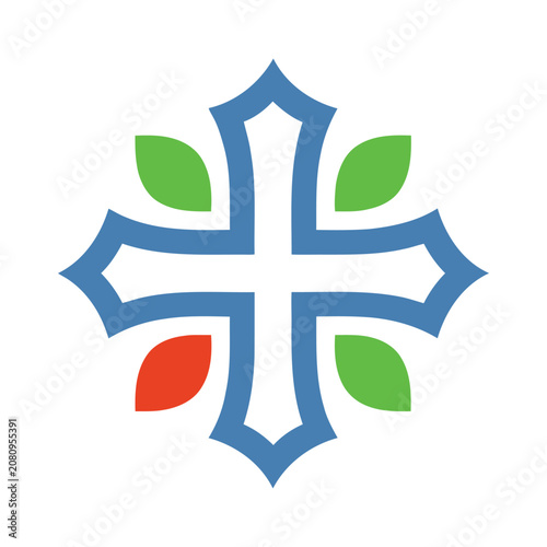 Stylized cross symbol decorated with green and red leaves on a white background