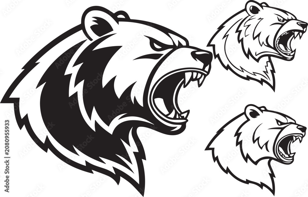 Obraz premium Black bear heads illustration, aggressive bear faces