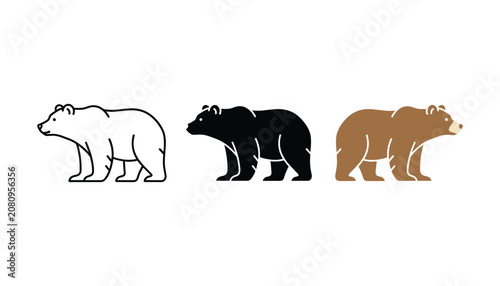 Fotografia Set of three grizzly bear icons displaying wildlife nature in outline solid blac