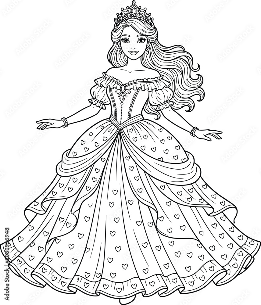 Fototapeta premium Beautiful princess wearing a tiara and elegant gown coloring page line art illustration