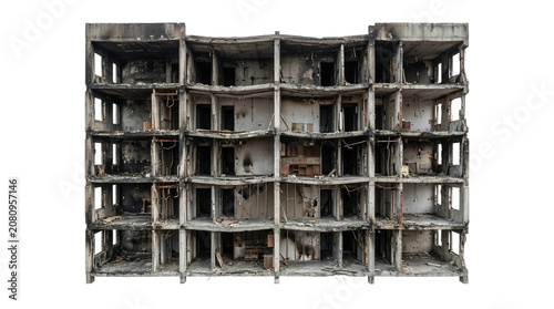 Severely damaged multi-story building isolated on transparent background, symbolizing urban decay.