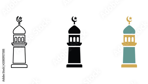 Canvastavla Islamic mosque minaret tower icon set with moon and star crescent in outline sol