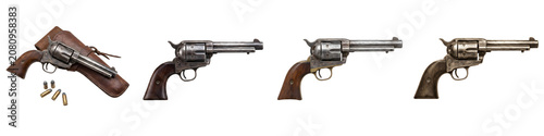 Fotografie Vintage Revolver Collection: Classic Single-Action Pistols and Leather Holsters