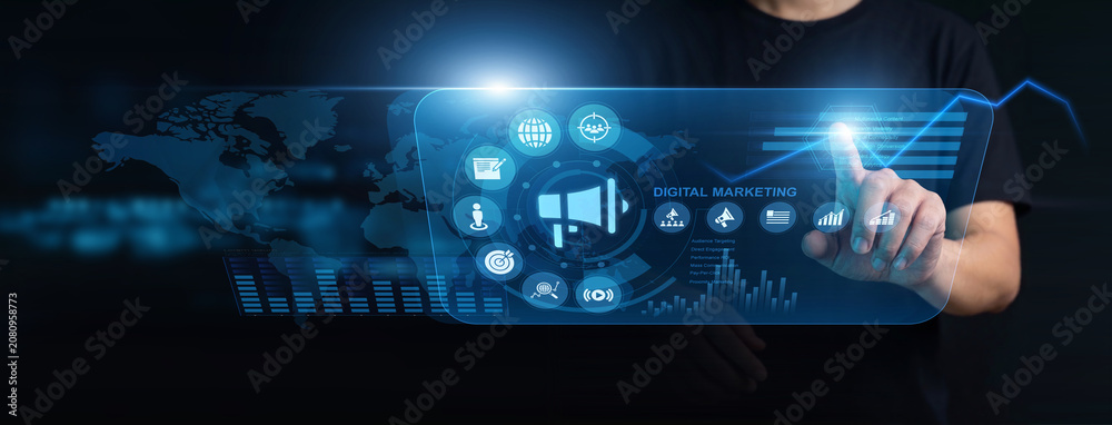 Obraz premium Campaign manager using modern interface for digital marketing. Strategist optimizing online advertising budgets, tracking conversion metrics, and analyzing consumer behavior data.
