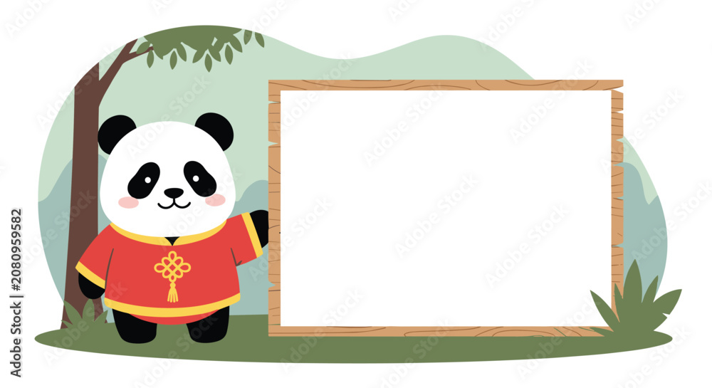 Fototapeta premium Cute panda character wearing red traditional Chinese clothes standing next to a large blank wooden sign board.