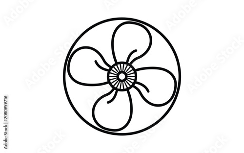 Industrial electric fan outline illustration isolated on white background depicting cooling equipment ventilation airflow system.