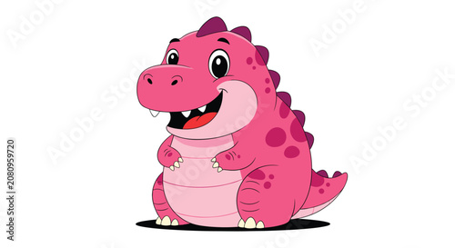 Adorable chubby pink dinosaur character with purple spots smiling and looking very happy while standing on a plain white background.