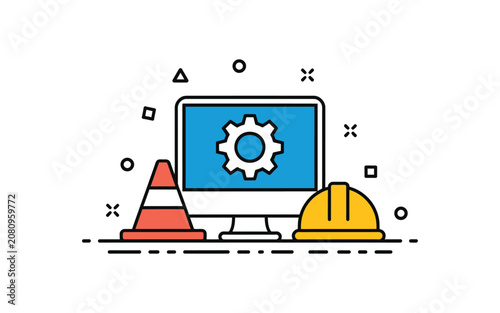 Computer maintenance concept illustration featuring desktop screen with gear icon road cone and hard hat flat vector graphic design.