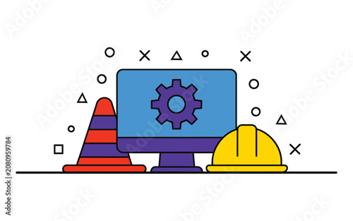 Website under construction concept vector illustration with blue screen monitor gear safety helmet and orange traffic cone symbols.