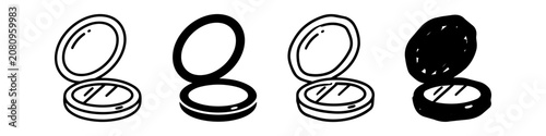 Foto Collection of black and white hand-drawn vector icons of a makeup compact mirror and powder case in different artistic styles, isolated on a white background
