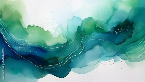 an abstract watercolor background features blending washes of emerald green teal and deep blue on textured white paper