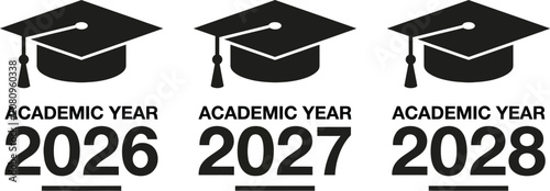 Fotografie Graduation cap silhouettes with academic year dates on a white background