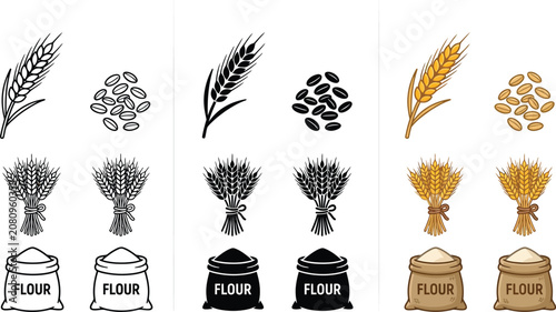 Quadro su tela Wheat stalks and grain illustrations black and gold vector design