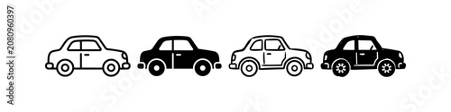 Minimalist set of hand-drawn retro car icons in outline and silhouette styles. Vintage doodle vehicle illustrations for design and web. Isolated black and white vector graphics.