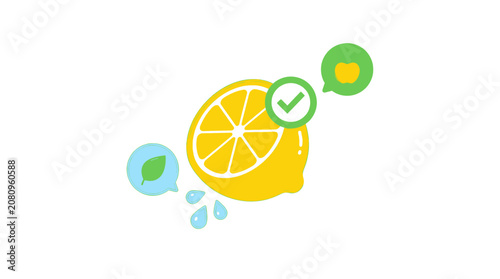 Bild auf Leinwand Fresh half lemon fruit icon with organic leaf and apple symbols representing hea