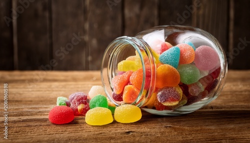 a clear glass jar filled to the brim with a vibrant mix of colorful candies gummies and sweets sits open on a rustic wooden table