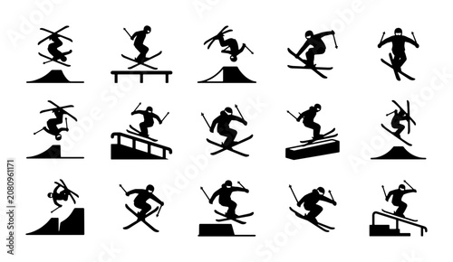 Bilde på lerret Freestyle skiing silhouette icons, 15 professional skier vector elements perform