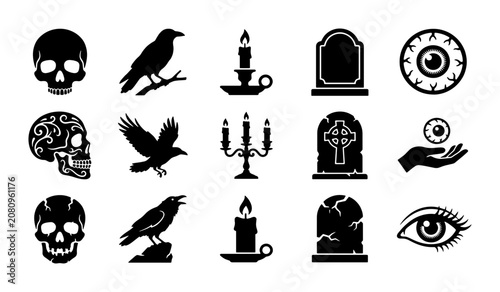 Foto Gothic Halloween silhouette icons, 15 black vector elements featuring skulls, ra