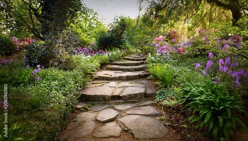 walking path in enchanted garden with stone steps and flowers