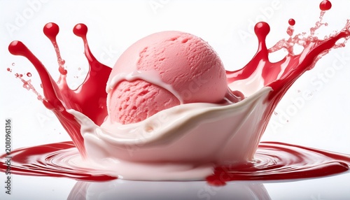 a single perfect scoop of pink strawberry ice cream causing a dynamic splash of liquid milk or sauce against a solid white background