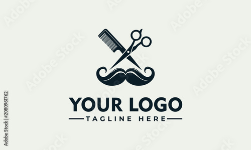 Barbershop vector logo illustration featuring crossed scissors and comb with mustache for professional hair salon branding