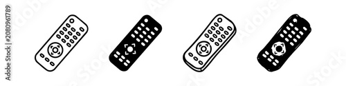 Quadro su tela Set of four TV remote control icons in diverse styles: thin line, solid glyph, bold stroke, and hand-drawn sketch