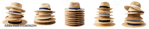 Fotografie Set of Stacked Summer Straw Hats Isolated on White Background for Fashion Retail