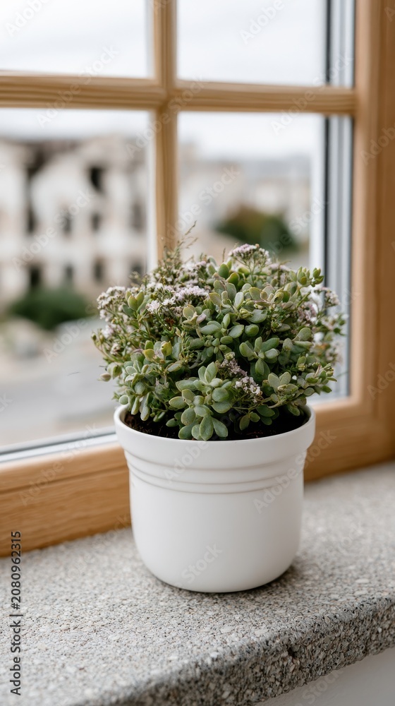Fototapeta premium A small plant on a windowsill contrasts with a blurred, damaged city outside, showcasing life amid urban decay