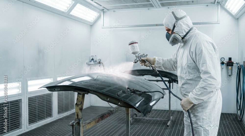 Fototapeta premium Professional auto painter wearing a protective suit and mask spraying clearcoat on a black car hood in a modern paint booth, automotive restoration, body shop service.