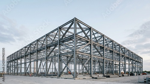 Large steel frame structure of a new modern building at a construction site under a cloudy sky, industrial construction, building development, modern architecture.
