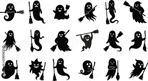 Tableau sur toile Halloween ghost silhouettes riding broomsticks spooky black icons for decoration