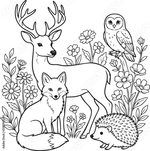Coloring book Wildlife animals, forest creatures, deer, fox, owl, hedgehog, black and white vector illustration, coloring book style, 1 EPS file