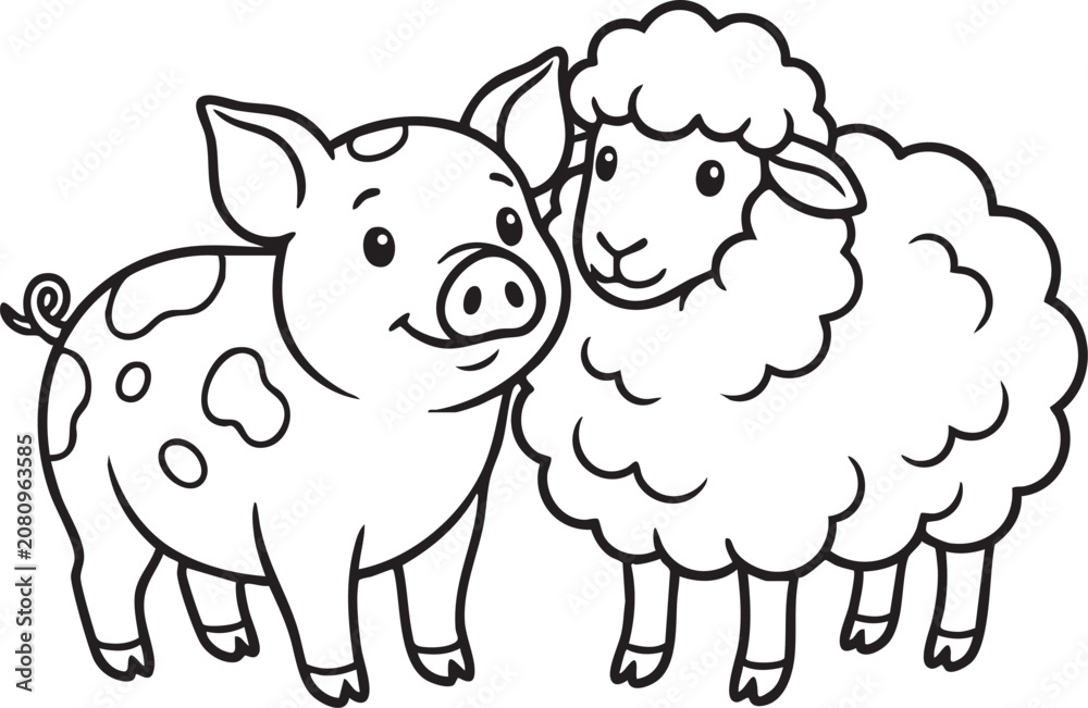 Obraz premium Coloring book Cute farm animals, pig and sheep, cartoon vector illustration, black and white line art, friendly smiling faces