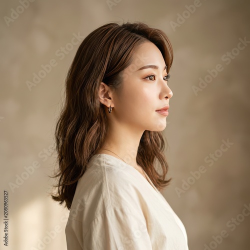 Beautiful young asian woman with long wavy brown hair looking away with a soft smile in a peaceful natural environment with green tones