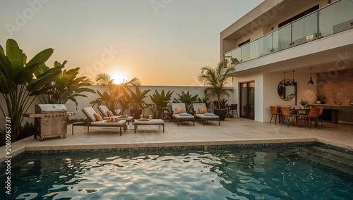 Evening Sunlight Shines Over a Poolside Area in a Modern Home With Plants and...