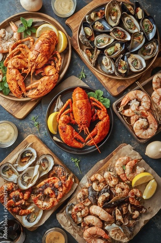 Seafood Feast With Various Dishes Served on Wooden and Ceramic Plates in a Ca...