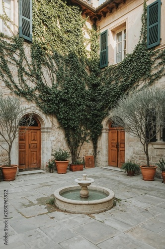 Historic Courtyard With Fountain and Green Vines at a Stone Building