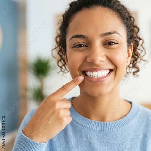 Happy young woman pointing at her bright white smile and healthy teeth while standing in a bright home living room during the day time