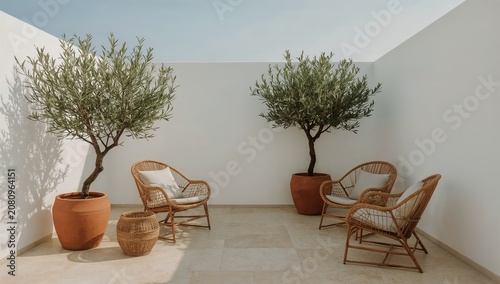 Seating Area With Olive Trees and Wicker Chairs in a Sunlit Space