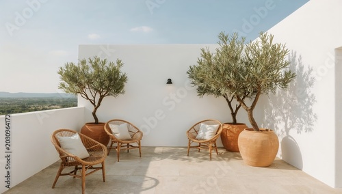 Seating Area on a Terrace With Olive Trees Near a Scenic View on a Sunny Day