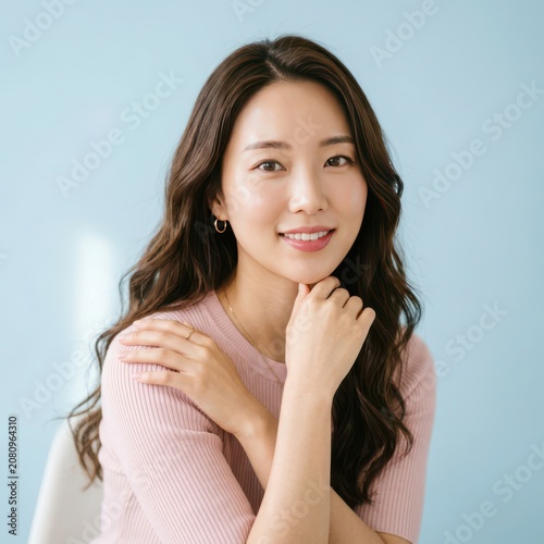 Beautiful young asian woman with long dark hair smiling and looking at camera in a casual studio portrait with soft natural lighting