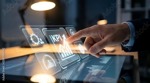 Businessman's finger touches glowing K P I graph on futuristic touchscreen interface technology data