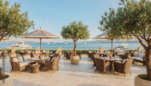 Outdoor Dining Area With Tables and Umbrellas Near Water With Boats and Trees...